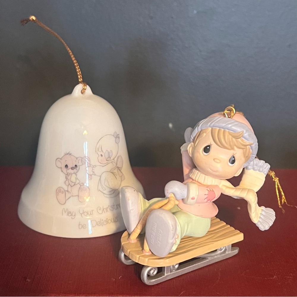 2 VTG Enesco Precious Moments Ornaments Porcelain Bell / Boy On Sled 1995 VGUC